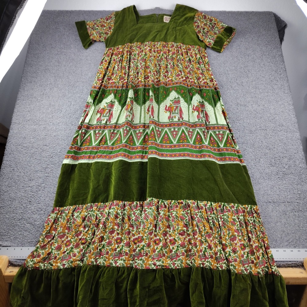 Gypsy Rose Maxi Dress Sz Large Green Velvet Tiered Floral Boho Patchwork EUC